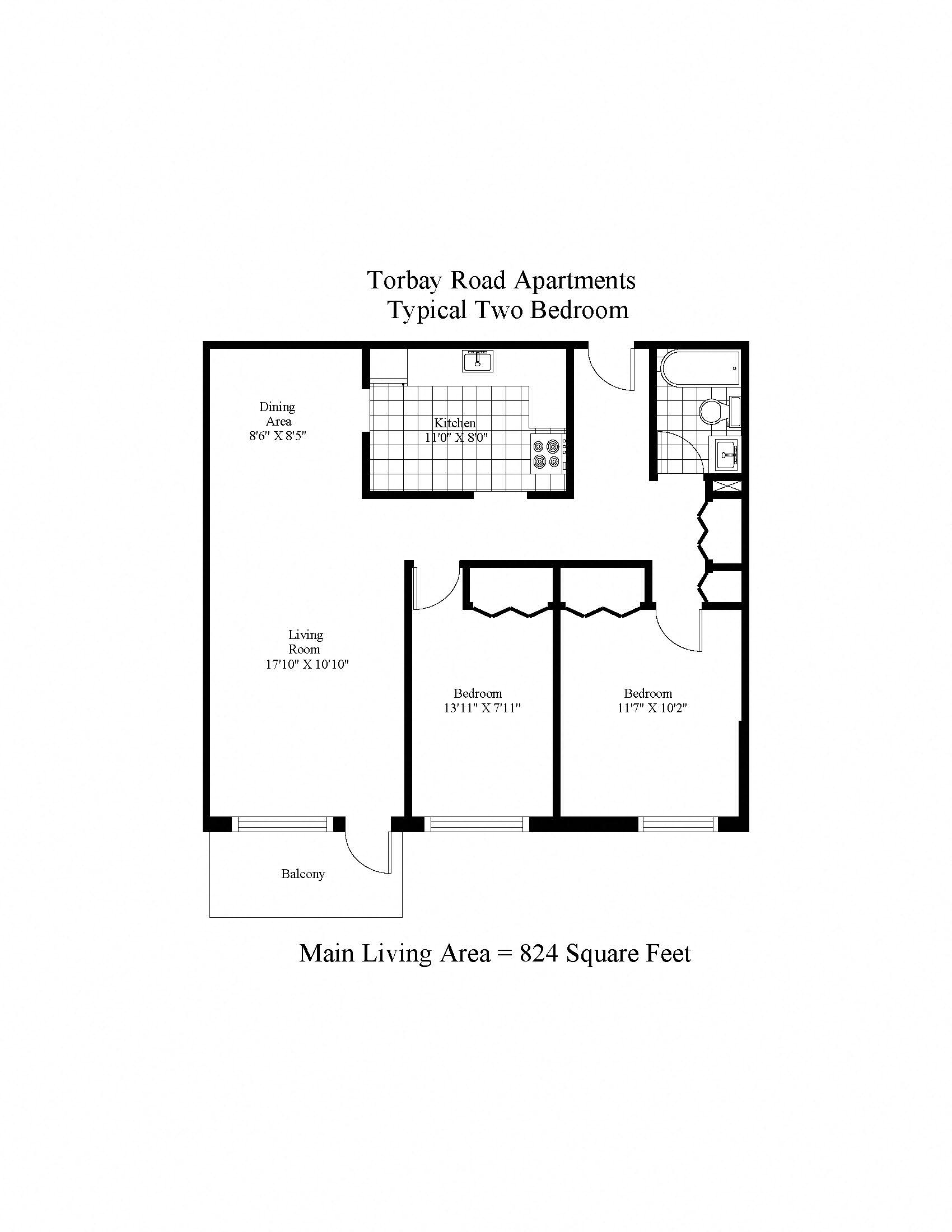 Floor plan for 2 beds, 1 bath, 908 sqft